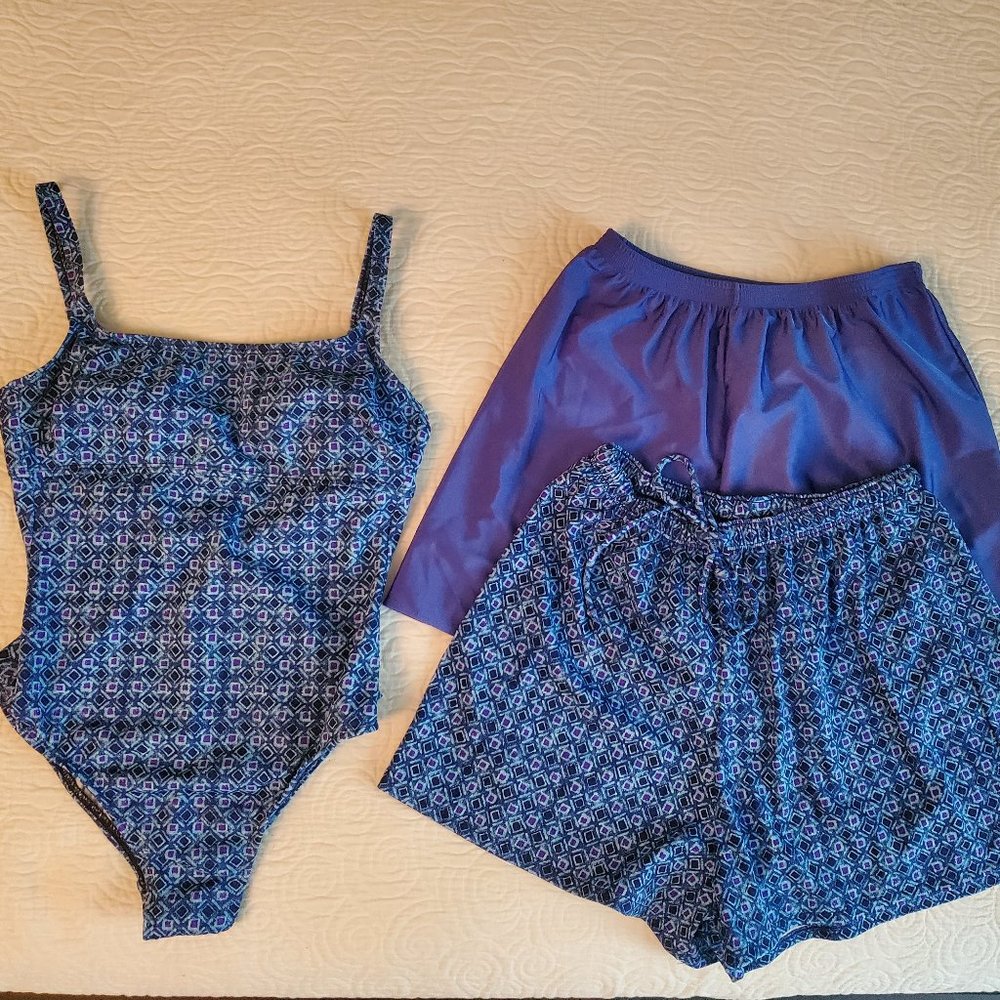 Land's End One Piece Bathing Suit with Two Coverup Shorts